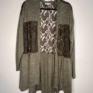 Paper Tee Olive Green Floral Lace open cardigan Sz XL Romantic Boho Cottagecore